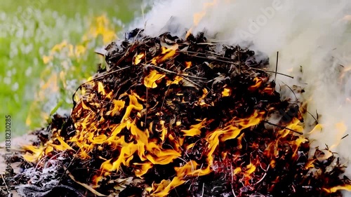 dangerously hot orange and red flames with dense black smoke consuming wood and embers