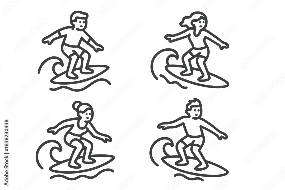 Fototapeta premium Set of four simple line icons depicting male and female surfers riding waves