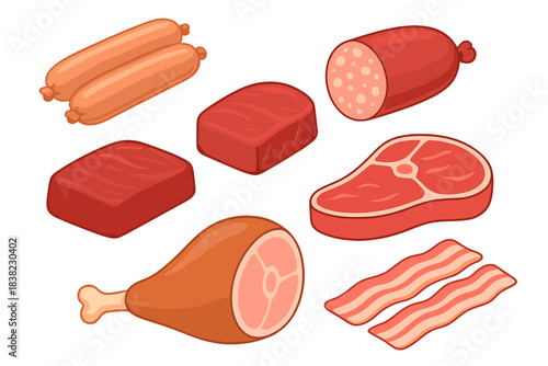 Various raw meat cuts and processed food products displayed together