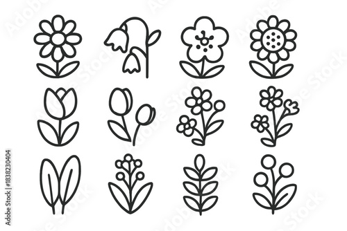 Set of twelve simple hand drawn outline icons representing various spring flowers and botanical elements