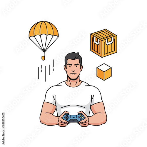 Muscular man holding a video game controller with a parachute and loot box in the background