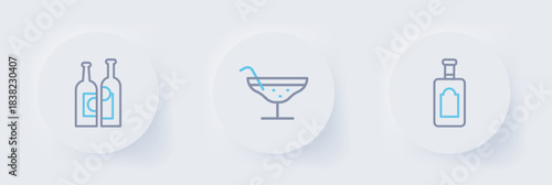 Set line Whiskey bottle, Cocktail and Bottles of wine icon. Vector