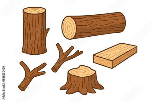 Collection of wood materials including logs, branches, stump, and lumber