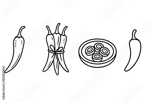 Outline icons set of whole and sliced chili pepper ingredients