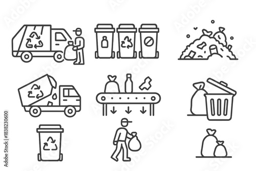 Set of line icons for waste management recycling and garbage collection process