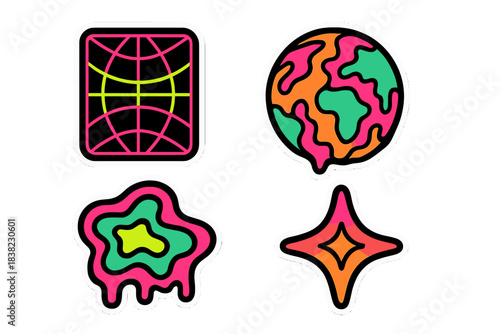 Four vibrant abstract sticker designs featuring bright neon outlines