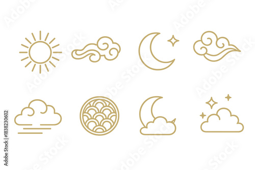 Stylized golden line art icons of celestial bodies and weather elements