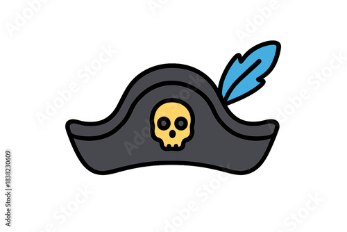 Tricorn hat with skull emblem and blue feather accent