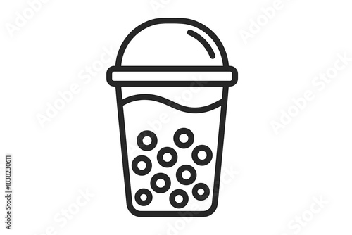 Simple outline icon of a plastic cup with bubble tea and tapioca pearls