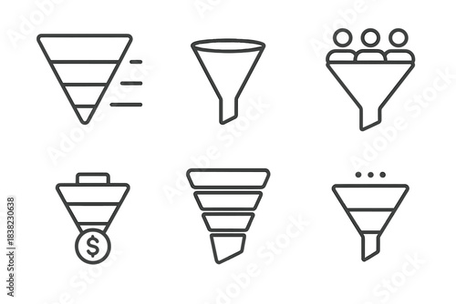 Six outline icons representing marketing and sales funnel stages