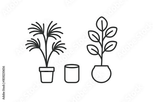Two potted houseplants and empty container simple line icons