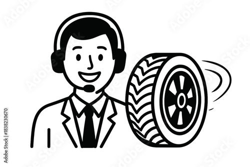Happy customer service agent with rotating automobile wheel icon