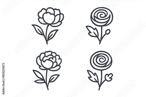 Four minimalist line art icons featuring peony and rose floral designs