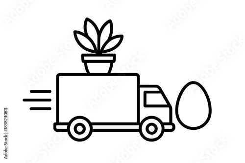 Delivery truck transporting potted plant and large egg symbol