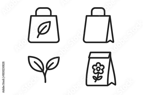 Gardening and planting icons set with shopping bags and sprout outline