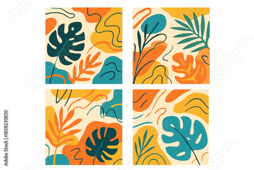 Abstract tropical foliage pattern set using warm color palette