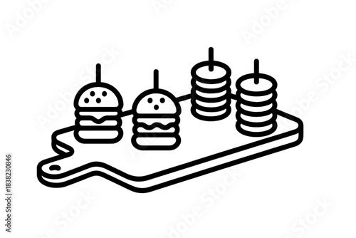 Appetizer platter with mini burgers and stacked food items on cutting board