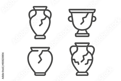 Four ancient cracked pottery vase line icons collection