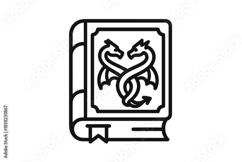 Fantasy spell book icon with intertwined dragons emblem
