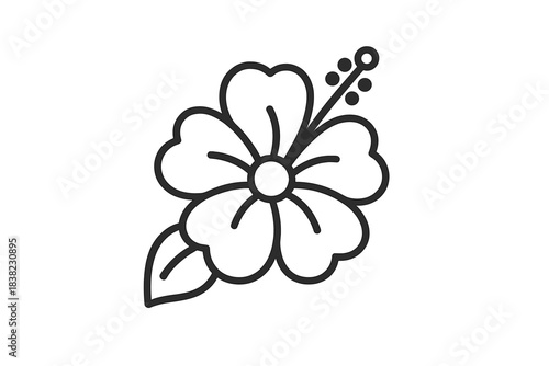 Simple outline icon of a tropical hibiscus flower with a leaf