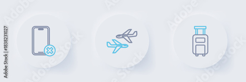 Set line Suitcase, Plane and No cell phone icon. Vector