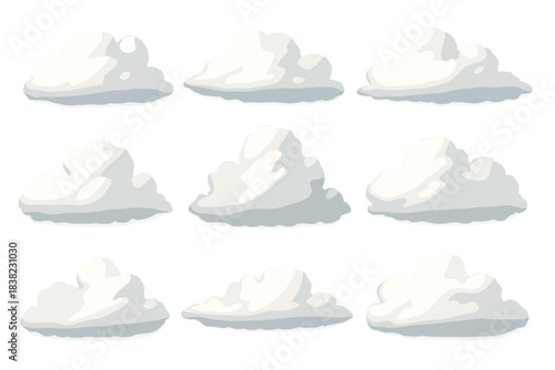 Nine fluffy white cumulus clouds isolated on a clean white background