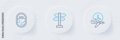Set line Flight time, Road traffic sign and Airplane window icon. Vector