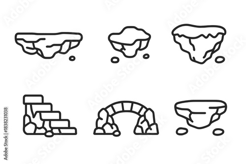 Floating island and stone structure outline icons set