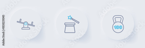 Set line Weight, Magic hat and wand and Seesaw icon. Vector