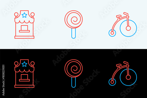 Set line Vintage bicycle, Ticket box office and Lollipop icon. Vector