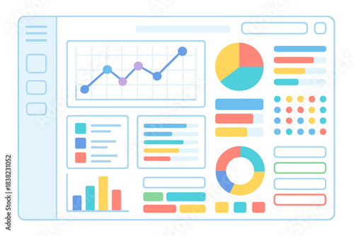 Colorful dashboard interface showing various data visualization charts and graphs