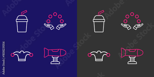Set line Swing plane, Jester hat with bells, Juggling ball and Paper glass water icon. Vector
