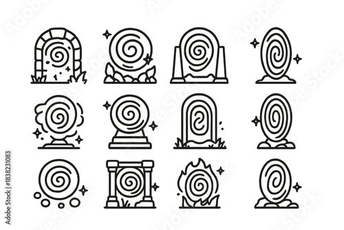 Set of magic portal and gateway icons featuring spiral design elements