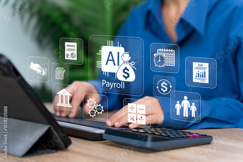 Automated Payroll System Concept, Businesswoman Use Tablet for Salary Processing, Financial Accuracy, Smart Accounting, Digital Payment Automation, HR Efficiency, Modern Payroll Management Technology