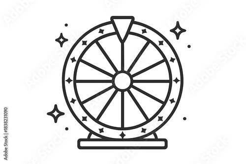 Spinning prize wheel icon with decorative sparkles for game of chance