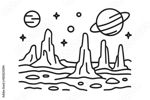Alien planet landscape with stylized rock formations and ringed planet