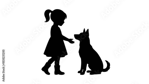 Black silhouette of child and dog bonding, emotional pet interaction, trust and companionship, minimalist vector art, white background, kneeling girl, calm animal, friendship moment, symbolic design