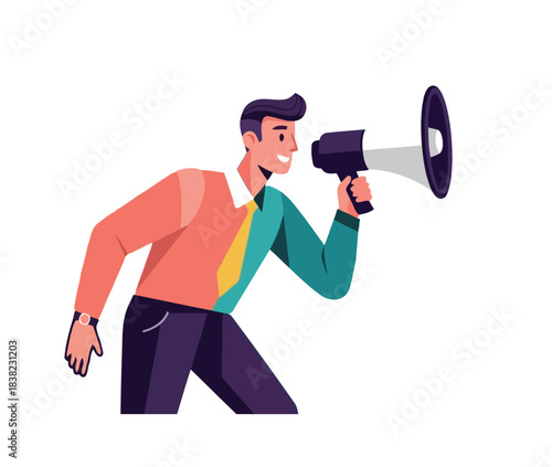 Dynamic businessman making a loud announcement with a megaphone, symbolizing effective marketing, public relations, and important communication strategies in business