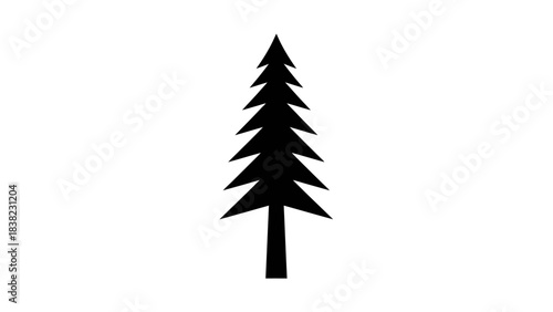 Black silhouette of pine tree icon, coniferous forest symbol, nature vector graphic, outdoor evergreen design, minimal style, white background, wilderness theme, stylized botanical illustration