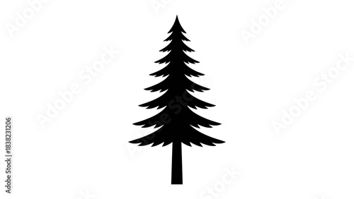 Black silhouette of pine tree icon, coniferous forest symbol, nature vector graphic, outdoor evergreen design, minimal style, white background, wilderness theme, stylized botanical illustration