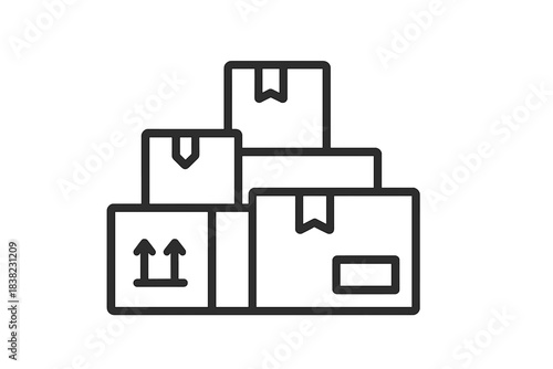 Stack of assorted cardboard shipping boxes with handling symbols