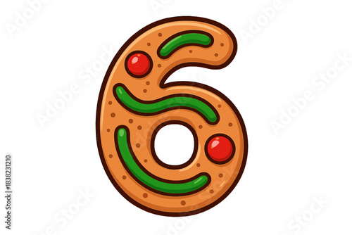 Gingerbread cookie shaped like the six with icing decoration