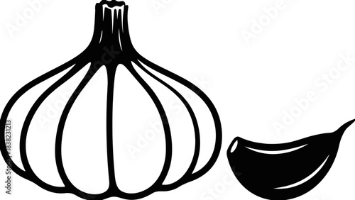 Black and white garlic bulb and clove illustration, stylized vegetable icon, cooking ingredient vector, healthy food symbol, herbal design, kitchen art, minimal organic produce graphic