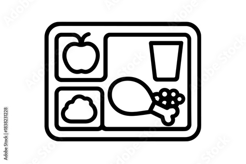 Compartmentalized meal tray with chicken leg and side dish outline icon