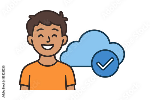 Happy user profile with verified cloud storage access symbol