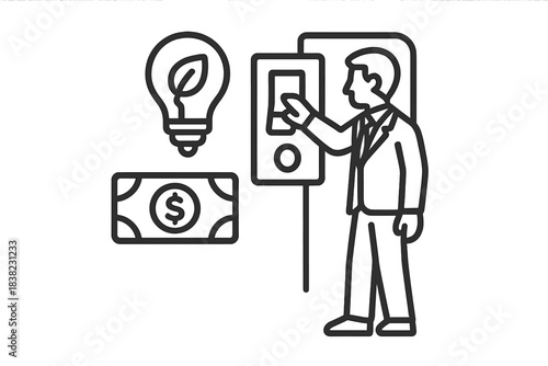 Businessman using payment terminal for green energy and finance concept