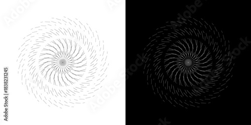 Dynamic abstract spiral sound wave rhythm lines. Circular spiral sound wave rhythm of lines. Circular futuristic abstract lines, black and white background.	