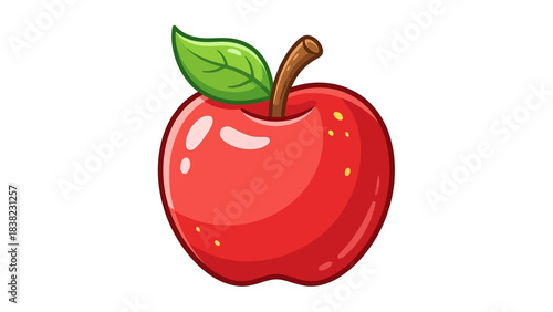 Cartoon red apple with green leaf, shiny fruit illustration, healthy food icon, fresh produce vector, minimal design, white background, education symbol, organic snack graphic