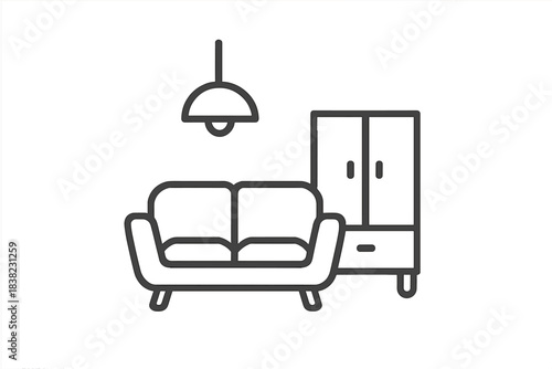 Outline of living room furniture including sofa wardrobe and hanging lamp