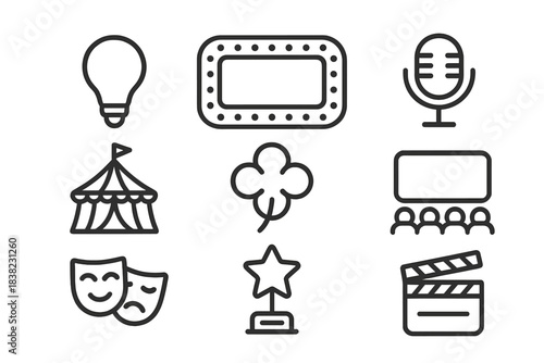 Collection of entertainment and performance line icons featuring theater and circus elements